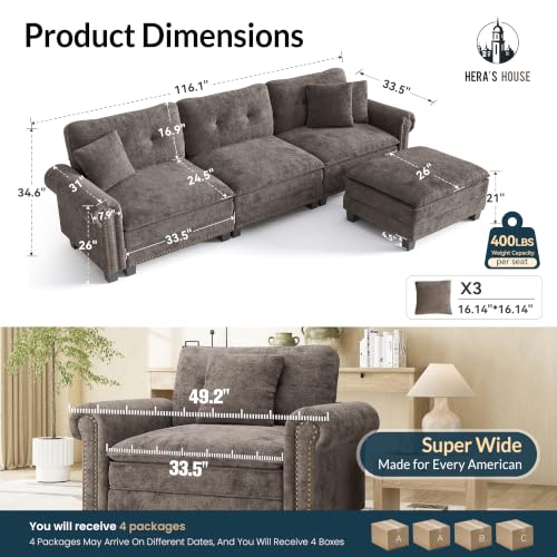 Image of HERA'S HOUSE 116 inch Oversized L Shaped Modular Sectional Couch Living Room | Mid-Century Modern 4-Seater Cloud Sofa, Grayish Brown, Rolled Arms & Nailhead Trim, Wider & Deeper Seats, Ottoman, Chenille