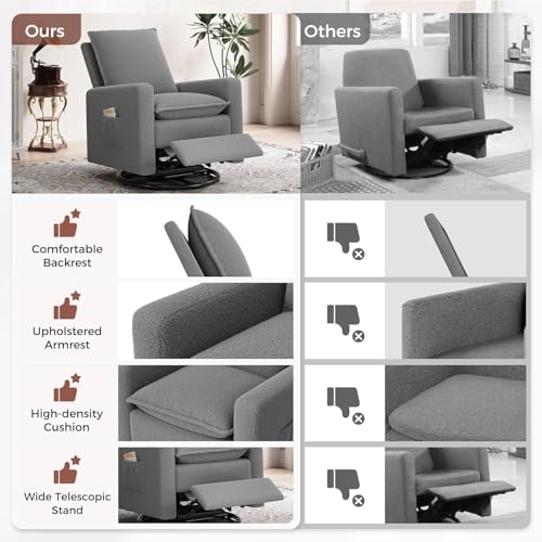 Image of Amopatio Swivel Glider Recliner for Indoor Nursery Rocker Chair Upholstered Single Sofa with Side Pockets and Footrest for Living Room Bedroom(Gray)