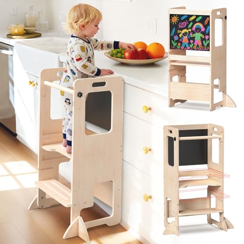 Image of Worldmx Toddler Kitchen Step Stool, Adjustable Height Learning Standing Tower with Blackboard, Wooden Kitchen Stool Helper for Kids, 1-3 Year Old Boy Girl Gifts