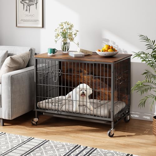 Dog Crate Furniture, 27.2" Wooden Dog Kennel with Wheels & Double Doors, Dog Cage End Table Upgraded, Indoor Dog Crate House for Small Medium Dogs, Rustic Brown - Image 6