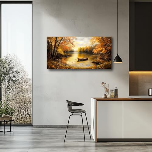 SERIMINO Fall Wall Art, Landscape Wall Art, Large Wall Decor, Lake Boat Forest Canvas Art Prints, Gold Autumn Nature Pictures, Rustic Paintings for Living Room Bedroom Dining Room Office Farmhouse 30"X60"