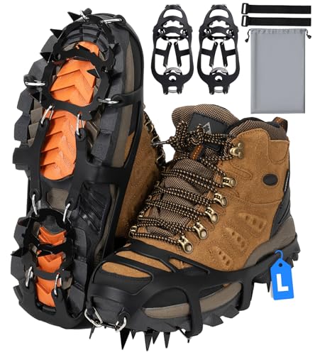 Glamgen - Steigeisen für Bergschuhe, 19 Spikes Edelstahl Anti-Rutsch EIS Schnee Grips für Schuhe Stiefel, Steigeisen Eisstollen Traktion für Schuhe Stiefel, Sicherer Schutz für Gehen, Joggen, Angeln, Wander