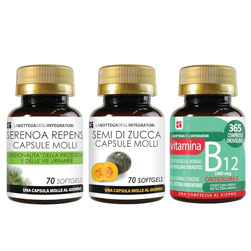 Set di integratori Serenoa Repens 70 Softgels, Zucca 70 Softgels e Vitamina B12 365 Compresse Orosolubili | Prostata e Energia