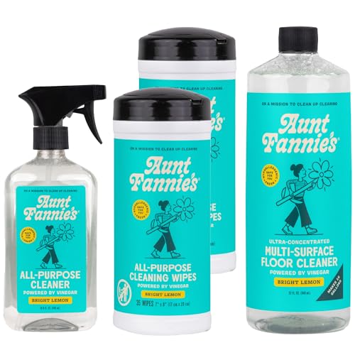 Aunt Fannie's Multi-Surface Vinegar Cleaning Kit: All Purpose Spray, Cleaning Wipes, and Floor Cleaner (Lemon, Cleaning Bundle)