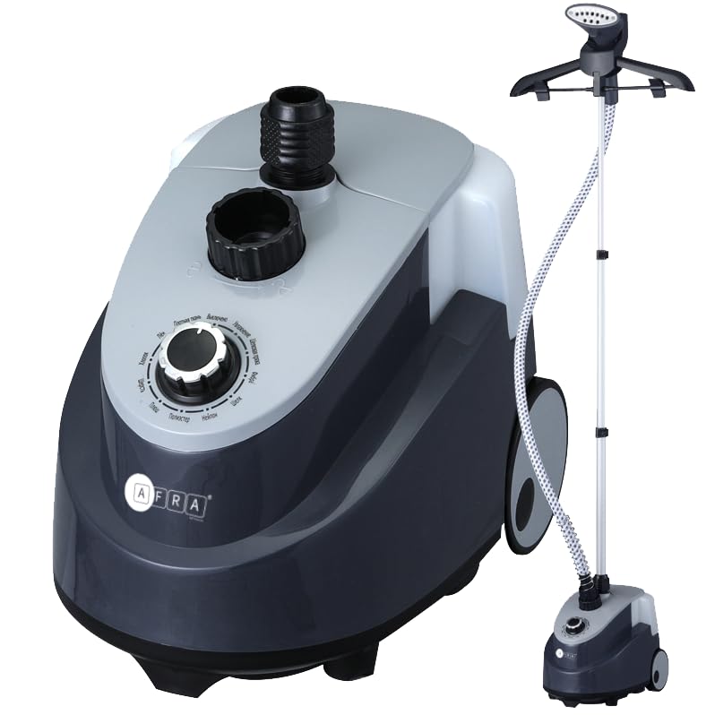AFRA Garment Steamer 1.6L 1950W 30s Heating time, Black & Grey, 32g/Mins Air output, Adjustable Telescopic Pole, 41 to 110 cm stand height, AF-1950GSGB, 2 Year Warranty.