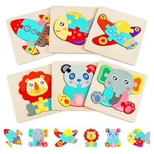 HOTUT Wooden Jigsaw Puzzles for Toddlers, 6 Pcs 3D Animal Puzzle Toy Babies Games, Animal Puzzle Jigsaw Set Early Learning Baby Kids Educational Toys Gifts for Learning Animals