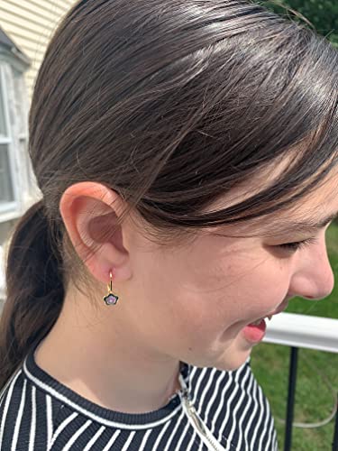 Little Miss Twin Stars Kids Earrings - 14K Gold Plated Frosted Flowers Earrings 3 Tone Blue. Lavender, & White Enamel Flower Leverback Girls Earrings-Brass #TOP1