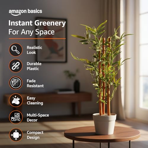 Image of amazon basics Artificial 3-Stem Bamboo Plant with Light Grey Plastic Pot | 75 cm Realistic Faux Greenery | Durable Plastic | Zero Maintenance | Indoor & Outdoor Home Office Decor