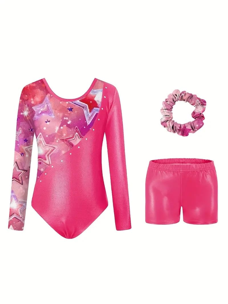 Gogokids Maillot de gimnasia de tres piezas para niña, de manga larga, con pantalones cortos y cinta para el pelo, ropa de gimnasia con diseño degradado para 3-12 años — view 18