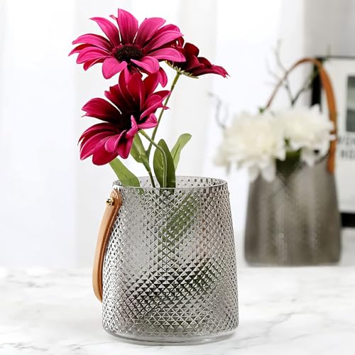 Image of Nostrae by Ekhasa Glass Vase Flower Pot with Leather Handle for Home Decoration | Center Table Decorative Items | Thickened Transparent Glass Vases for Flowers, Bookshelf, Office Desk & Premium Gift