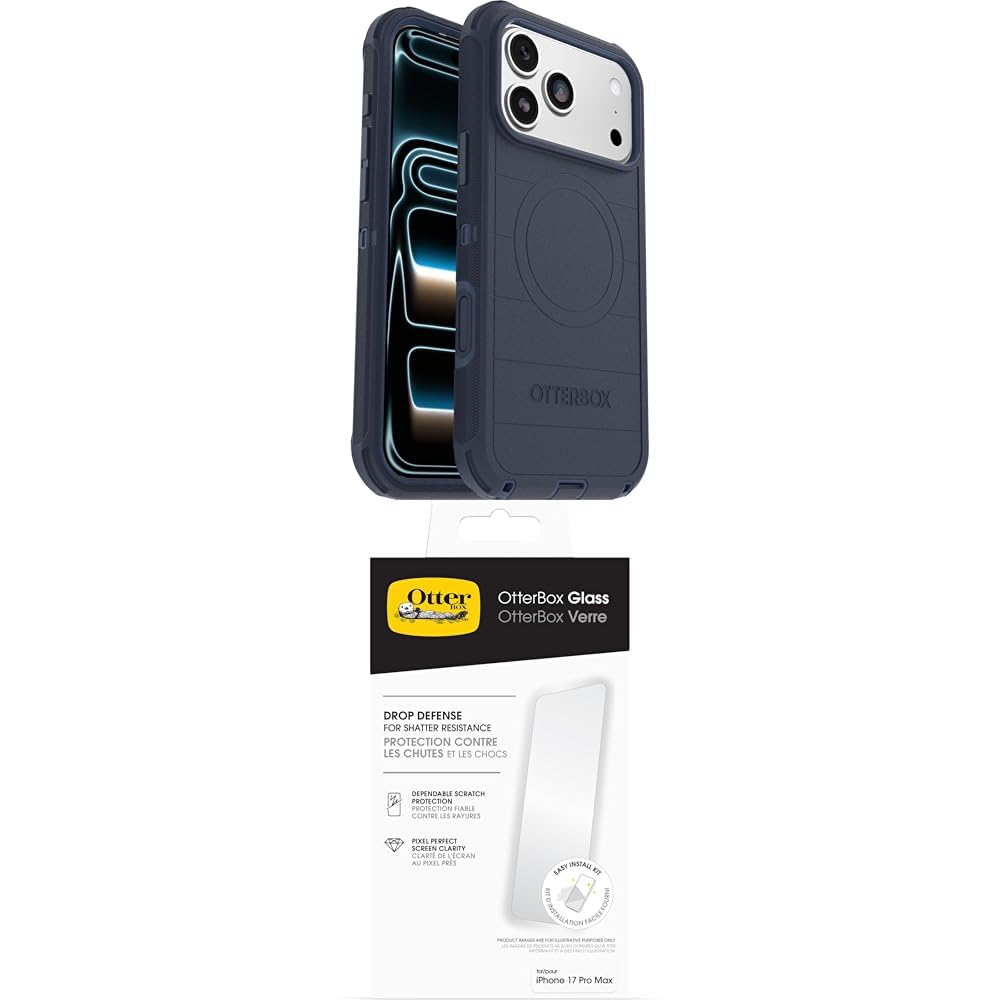 OtterBox Coque Defender Series Pro MagSafe pour iPhone 17 Pro Max, Supporte 7x plus de chutes que la norme militaire, Bleu + OtterBox Glass Protecteur d'écran pour iPhone 17 Pro Max