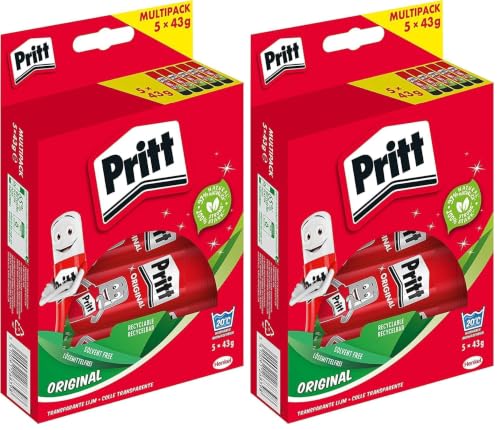 Pritt Klebestift, sicherer und kinderfreundlicher Bastelkleber für Kunst und Bastelarbeiten, starker Kleber für Schule & Bürobedarf, 5x43g Pritt Stift (Packung mit 2)