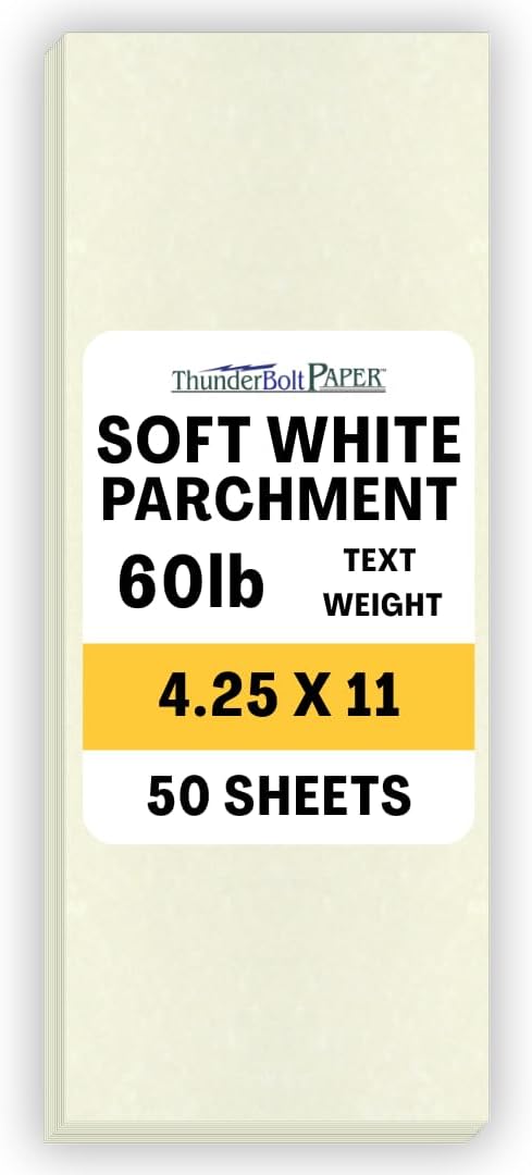 50 Soft White Parchment 60# Text (=24# Bond) Paper Sheets - 4.25 X 11 Inches Half Letter Size Cut Long - 60 Pound is Not Card Weight - Vintage Colored Old Parchment Semblance