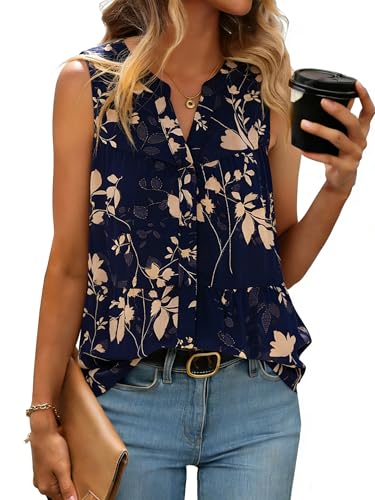 Simplee Womens Summer Sleeveless Tank Tops Chiffon Casual V Neck Floral Tunic Top Beach Vacation Work Shirt 2026 (Navy Blue Leaf XL)