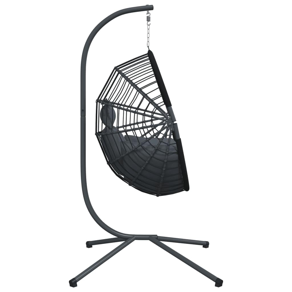 Silla colgante con diseño de huevo con estructura de acero y ratán en color antracita, 104 x 100 x 197 cm, con cojín extraíble para balcón, terraza y exterior para relajarse y columpiarse