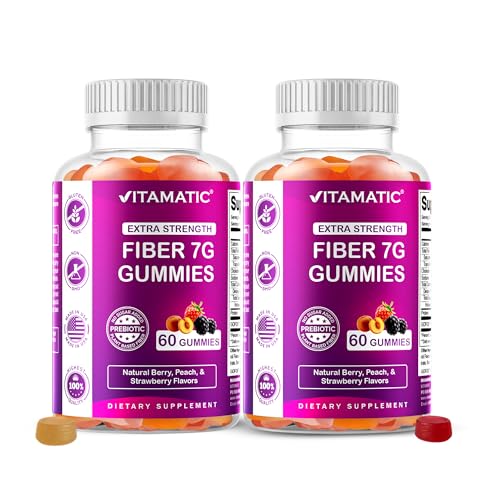 Vitamatic Prebiotic Fiber Gummies for Adults – 2 Pack (Total 120 Gummies) 7g Fiber per Serving | Extra Strength | Zero Sugar Added | Pectin-Based | Digestive Health & Regularity Support