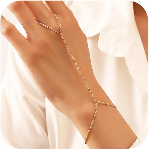 Fiklon Dainty Gold Ring Bracelet Hand Chain, 18k Gold Plated Stainless Steel Han