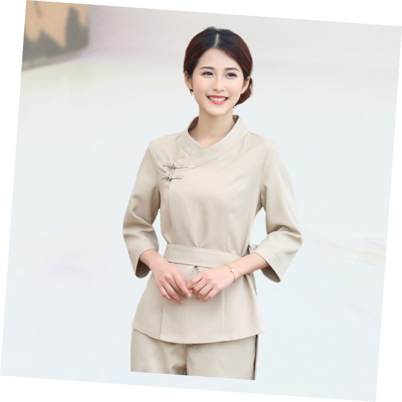 Didiseaon Beige Beauty Technician Overalls for Spa Salon Work Clothes Adjustable Waist Strap Lightweight Chinese Style Neckline Suitable for Hair Dyeing and Stylist Use