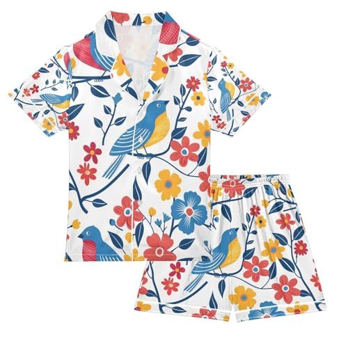 senya Birds and Flowers A Satin Summer Pajama Sets Silk Short Sleeve Button Down Sleepwear