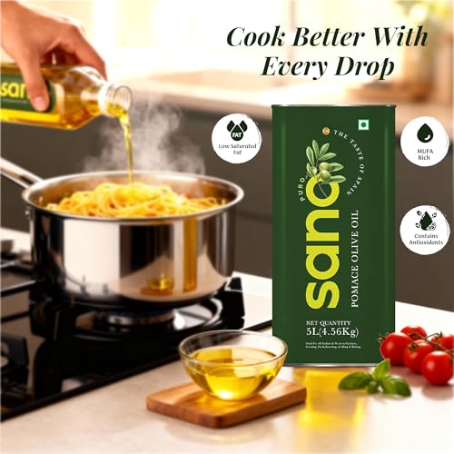 Image of sano Pomace Olive Oil 5L Ideal for Frying, Roasting & Sauteing Rich Neutral Flavour & High Smoke Point Versatile Edible Cooking Oil for Indian Cuisine