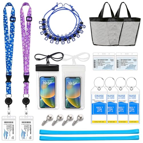 Cruise Ship Essentials 2026 Must Haves Kit- Packing List Lanyard with ID Holders,Luggage Tag Set, Waterproof Phone Holder, Magnetic Hooks, Travel Clothesline, Towel Bands, Mesh Bag Gifts