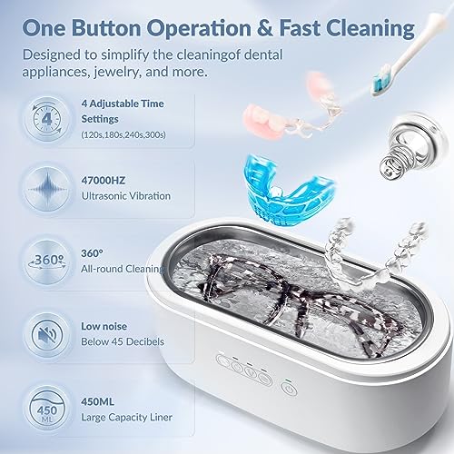 Ultrasonic Jewelry Cleaner, KRX 47kHz Portable Professional Ultrasonic Cleaner Machine with Touch Control & 4 Time Modes for Jewelry, Eyeglasses, All Dental, Retainer (White)