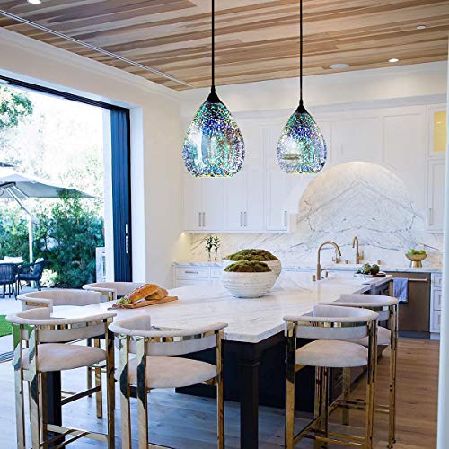 3D Glass Pendant Light, Modern Kitchen Pendant Lighting With Colored Hammered Shade, 3D Reflection Glass Hanging Pendant Ceiling Light Fixture For Living Room Bedroom Island Bar, 8In Chrome,2 Pack #TOP3