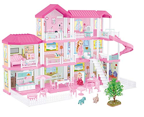 FIXSON Dollhouse Dream House with Furniture Accessories DIY Pretend Play Doll House for Girls 3,4,5,6,7 Year Old (7 Rooms)