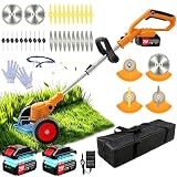 Electric Weed Wacker Cordless Eater, No String Trimmer Battery Powered 3-in-1 Lightweight Grass Trimmer/Brush Cutter/Edge, 4 Types Blade, Stringless Weed Trimmer with Wheels for Lawn Yard Garden