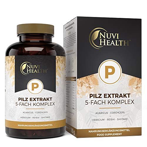 Nuvi Health® Pilz Extrakt 5-Fach Komplex - 120 Kapseln mit 750 mg Extrakt - 32% bioaktive Polysaccharide - Mit Agaricus Blazei + Cordyceps Sinensis + Hericium erinaceus + Reishi + Shiitake