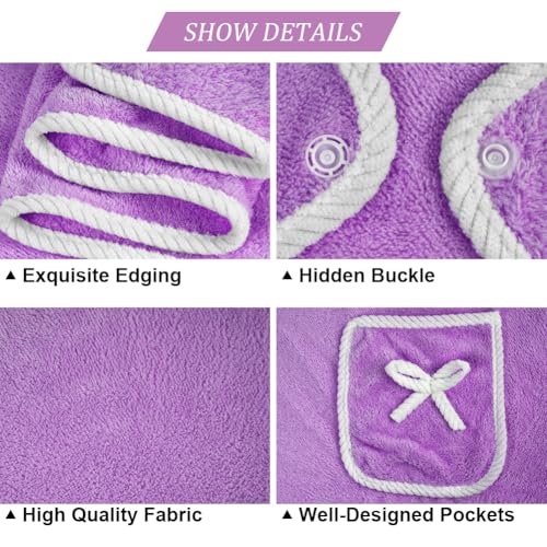 AUYAO Bademäntel Tragbar, 80 x 145 cm Schnelltrocknend Bademantel für Damen Herren, Extra Weicher Saugfähig Badetuch mit Taschen und Knöpfen für Dusche Spa Pool Reisefreundlich (Hellviolett)