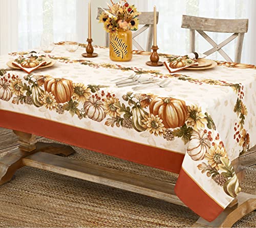 Newbridge-Thanksgiving-Brilliant-Autumn-Harvest-Bordered-Rectangle-Fabric-Tablecloth-60-x-102-Inch-Fall-Pumpkin-and-Sunflower-Cottage-Print-Soil-Resistant-Table-Cover-for-Holiday-Party-Dining Newbridge Thanksgiving Brilliant Autumn Harvest Bordered Rectangle Fabric Tablecloth 60 x 102 Inch Fall Pumpkin and Sunflower Cottage Print Soil Resistant Table Cover for Holiday Party Dining