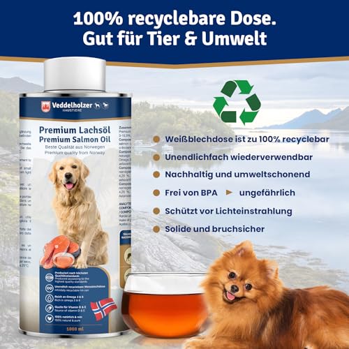 Veddelholzer Lachsöl für Hunde 1 Liter in recycelbarer Weißblechdose Ideale Hochwertige Nahrungsergänzung Mit Omega3 Fettsäuren & Vitamin E Nachhaltiges Fischöl für Hund Pferd & Umwelt
