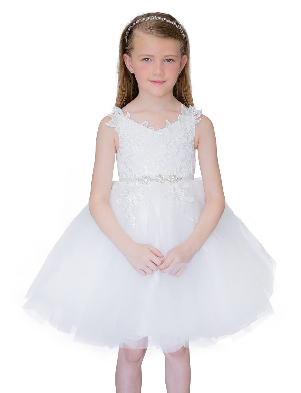 PLUVIOPHILY Lace Tulle Straps Wedding Flower Girl Dress Junior Bridesmaid Dress