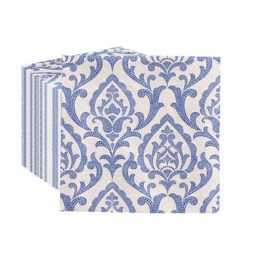 PAW - 100 Pack Blue Cocktail Napkins 5'' x 5'', Disposable Beverage Napkins with Portuguese Tiles Motive, Paper Towels for Wedding, Birthday, Bridal Party, Decoupage, Decorative Supplies