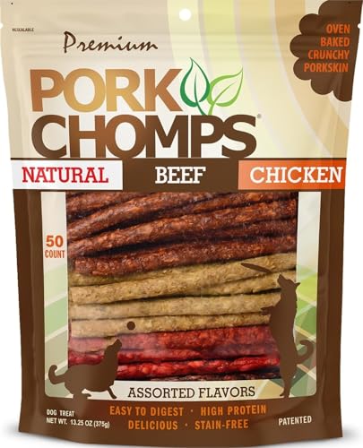 Fifty assorted Pork Chomps munchy sticks in a resealable bag — proves the 50-count value that anchors this pick