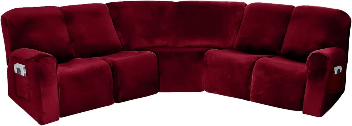 SDYdsgE sofa cover， Velvet Recliner Corner Sofa Cover 7 Piece L Shape Sectional Couch Grey Fits 5 Seats(Wine Red)