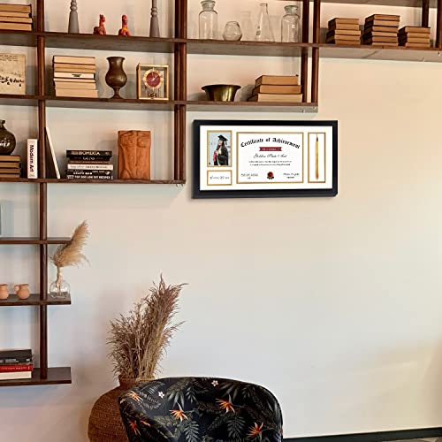 Golden State Art, 11X22 For 8.5X11 Diploma/Certificate - 4X6 Photo - Black Diploma Tassel Shadow Box - Double Mat (Ivory Over Gold) - Tassel Holder - Sawtooth Hangers, Swivel Tabs, Real Glass #TOP6
