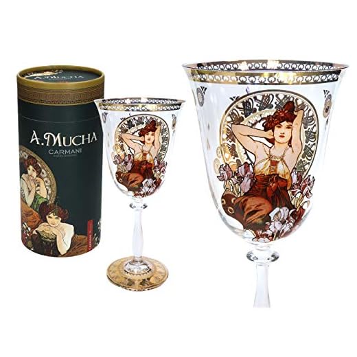Carmani - Bonita copa de vino decorada con pintura de amatista de Alphonse Mucha, 350 ml