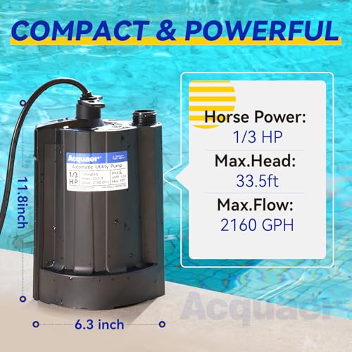Image of Acquaer 1 /3 HP Automatic Submersible Water Pump, 2160 GPH Sump Pump, 115V