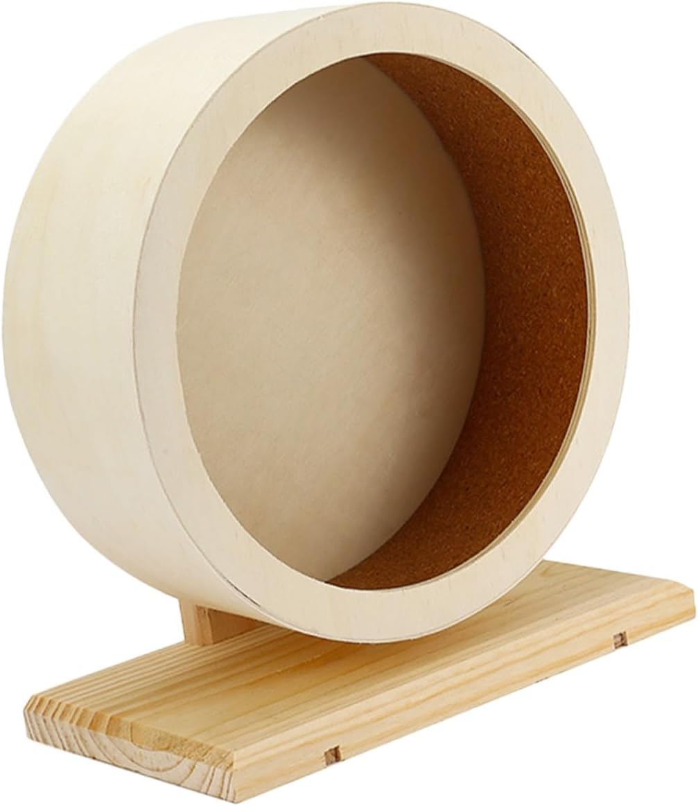 Silent Wooden Hamster Wheel with Cork Mat Medium Small Pet Exercise for Hamsters Guinea Pigs Gerbils Quiet Running Wheel for Nighttime Use and Interactive Pet Fun