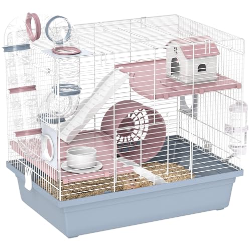 PawHut Hamster Cage, 3-Tier Gerbil Cage with Exercise Wheel, Food Bowl, Water Bottle, House,...