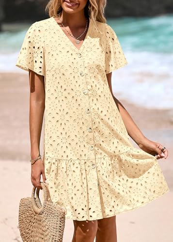 Image of KIRUNDO Eyelet Dresses for Women Button Down Mini Babydoll | 2026 Summer Short Sleeve Boho Sundress, Loose Fit V Neck Short Dress With Pockets, A Line, Cruise Beach Vacation Outfits