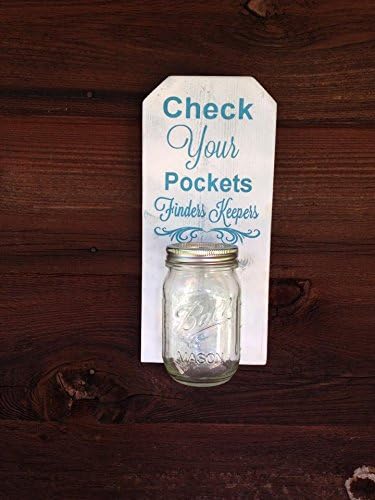 Laundry Room Change Jar-Check your Pockets 12"x6" Hand Painted reclaimed distressed Wood with mason jar attached