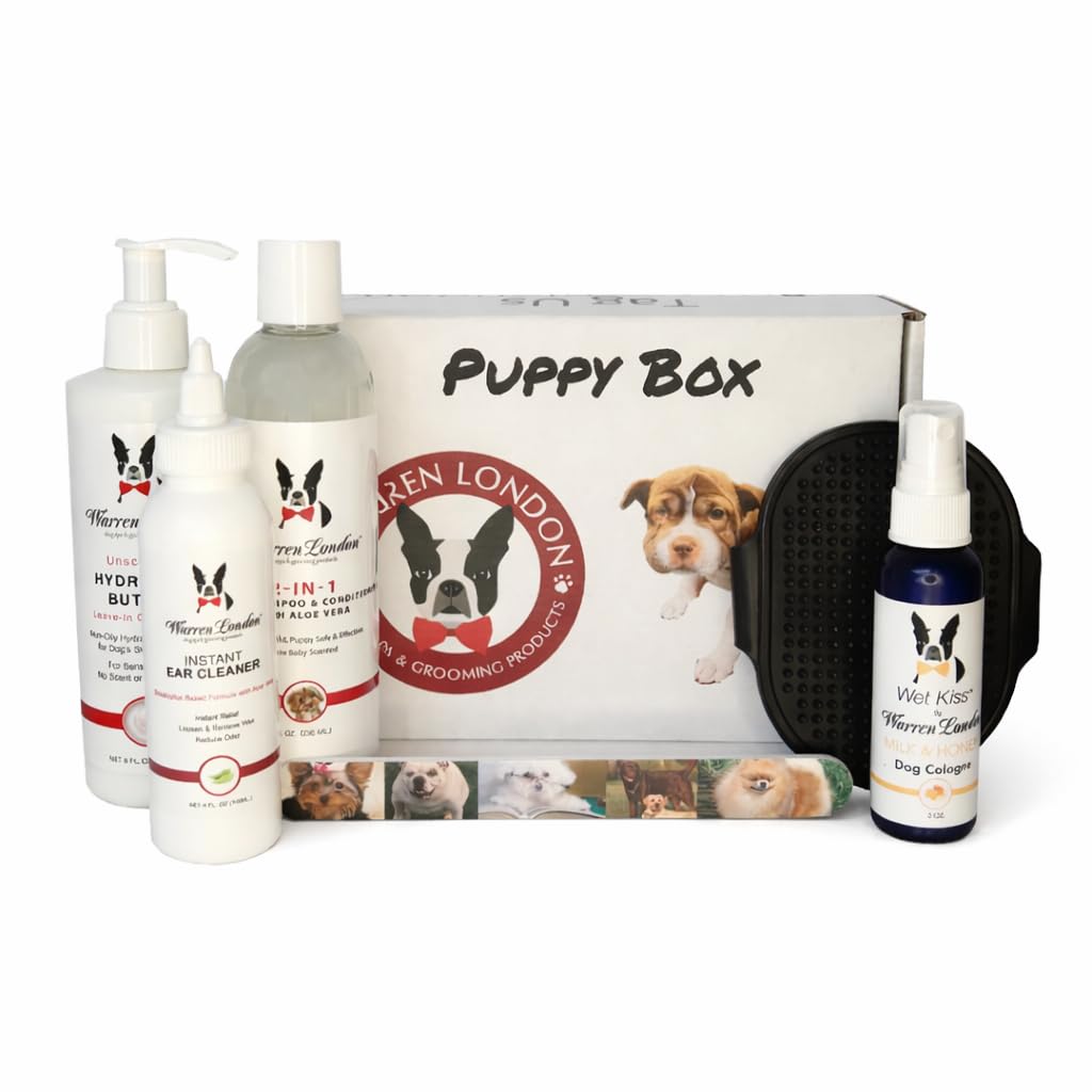 Warren London Puppy Gift Box - Complete Puppy Care Set - Includes Hydrating Butter, 2-in-1 Shampoo, Cologne, Grooming Bath Brush, Ear Cleaner and Nail File for New Pet Owners