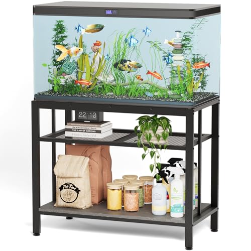 VOWNER Aquarium-Ständer aus Metall, 93 x 47 x 74,9 cm (L x B x H), robuster Reptilien-Tankständer, verstellbares 3-stöckiges Aquarium-Regal für Heimbüro, 299 kg Kapazität, Grau