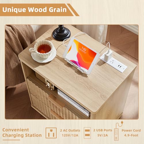 LEYAOYAO Fluted Nightstand with Charging Station, 23" Wide 2 Drawers End Table, Natural Night Stand with Open Storage Cabinet, Farmhouse Bed Side Tables, Wood Dresser for Bedroom, Living Room, Closet