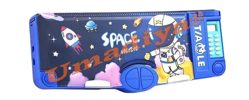 Image of Royals hub Astronaut Magnetic Multifunctional Pencil Box, Cute School Compass for Kids, Buttons Operated Geometry Pencil Box Kids Include Calculator-Scissor-Ruler-Eraser-Sharpener (Blue Space)