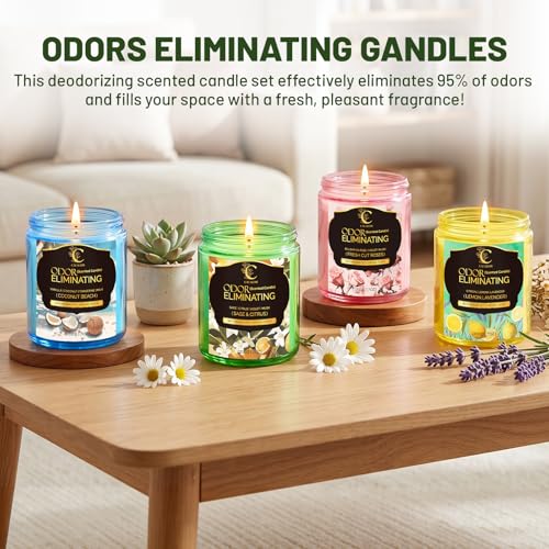 Image of Odor Eliminating Candle, Scented Candles Set for Home, 4 x 7oz | Eliminates 95% Of Pet, Food & Other Smells, Soy Wax Candles, 50Hr Burn, Air Fresh Scent of Lavender /Coconut /Rose,Sage Citrus