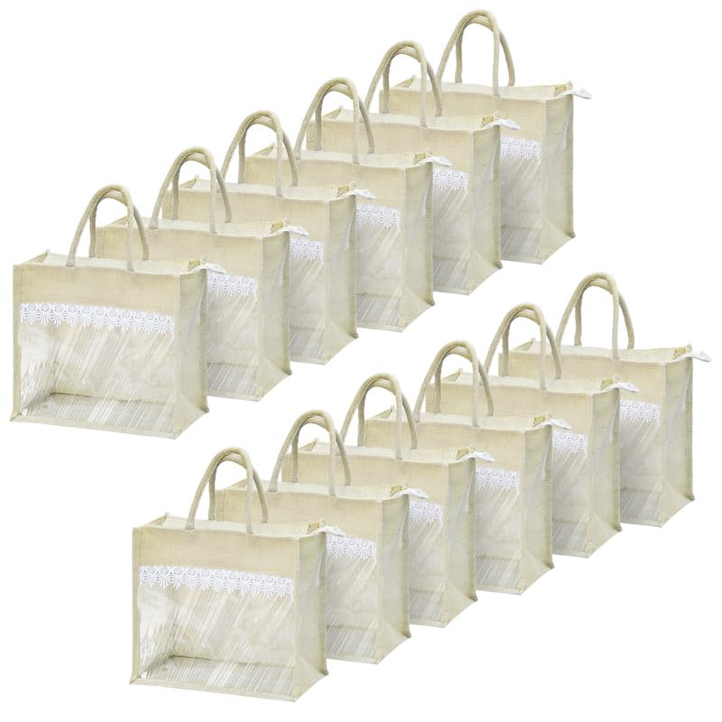 Image of Rishabh Overseas Jute Bags for Women | Eco Friendly Bag with Front Transparent Window | Reusable Tote with Comfortable Handle for Gifting & Shopping | Wedding & Baby Shower Return Gift
